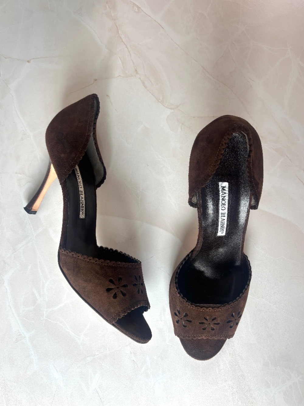 vintage Y2K Manolo Blahnik suede floral cutout d'orsay peep-toe heel